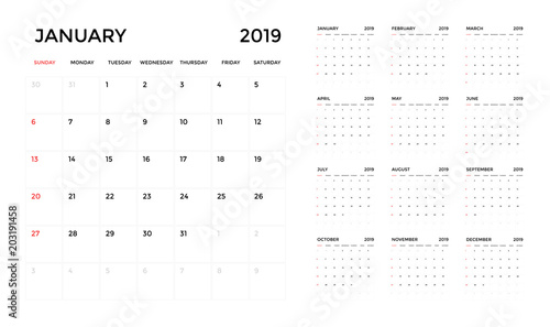Calendar 2019 template. Calendar planning week. vector