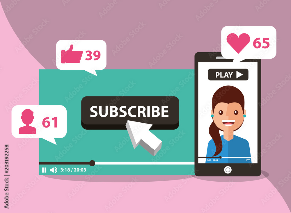 smartphone with woman on screen subscribe like follow love vector illustration smartphone with woman on screen subscribe like follow love vector illustration