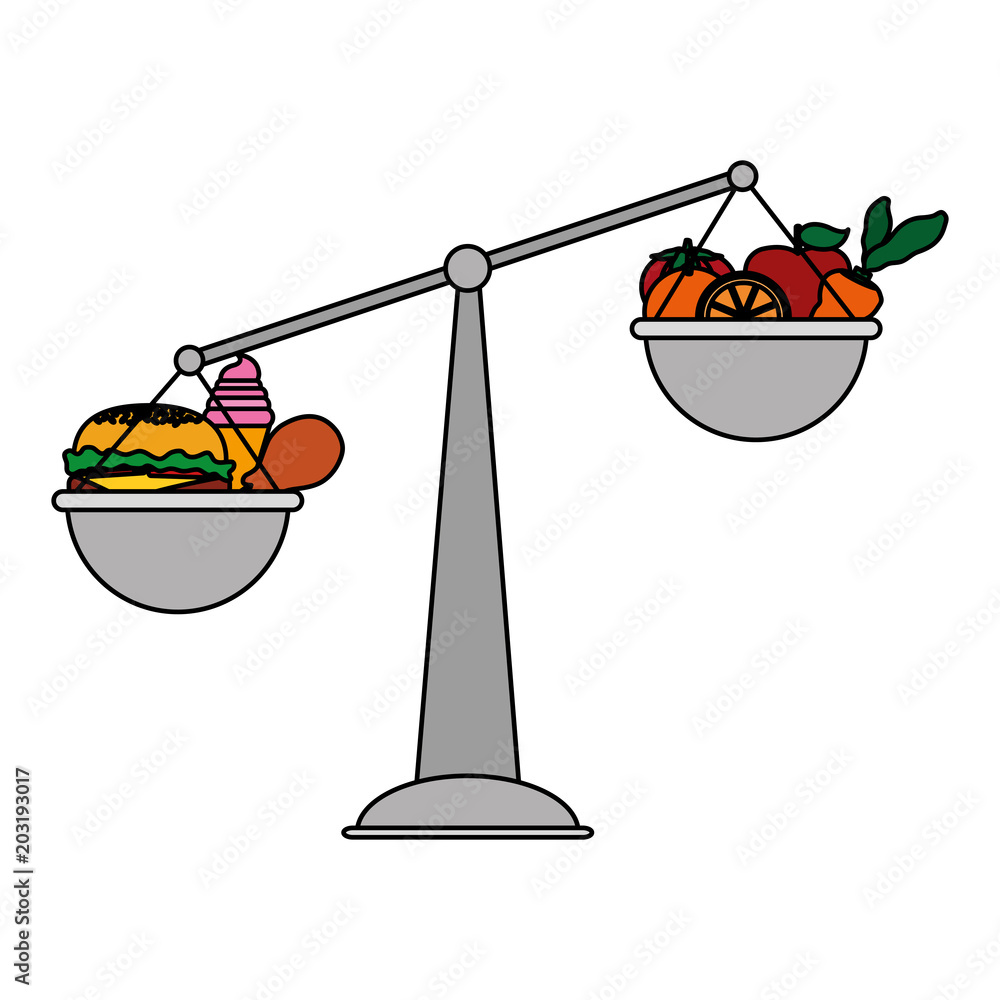 color scale balence object with healthy and unhealthy food Stock Vector
