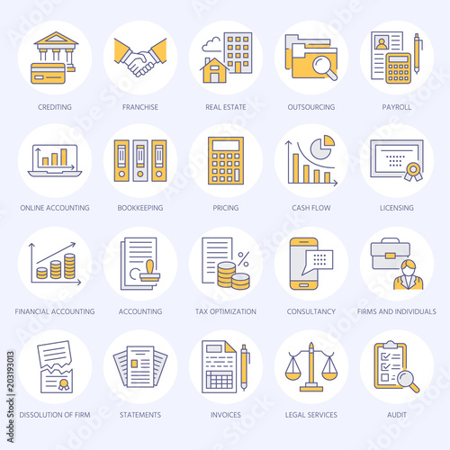 Financial accounting flat line icons. Bookkeeping, tax optimization, firm dissolution, accountant outsourcing, payroll, real estate crediting. Accountancy finance thin linear signs for legal services.