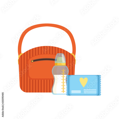 Bag, baby bottle of milk and pack of wet wipes, feeding and caring for a child vector Illustration on a white background