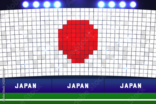 Japan flag card stunts. Japan soccer or football stadium background.