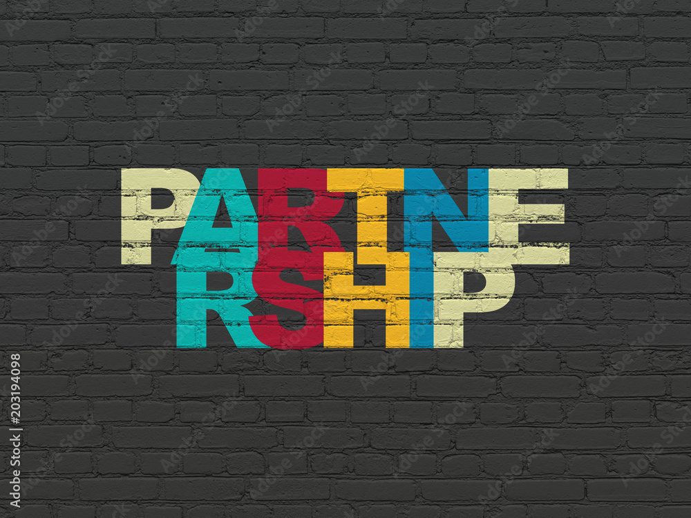 Naklejka premium Business concept: Painted multicolor text Partnership on Black Brick wall background