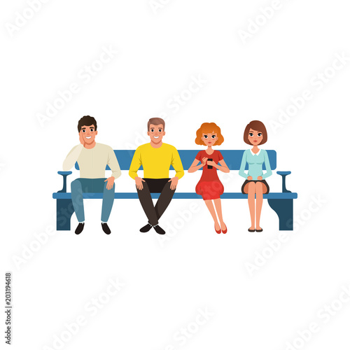Queue of four people sitting on blue bench. Cartoon character of young men and women. Colorful flat vector design