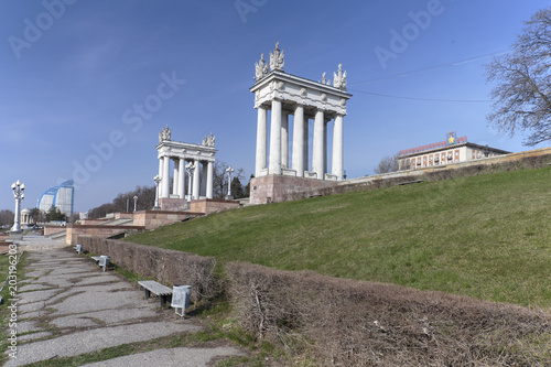 Volgograd, Russia, architectural ensemble of the Central embankment, in the early spring morning. photo