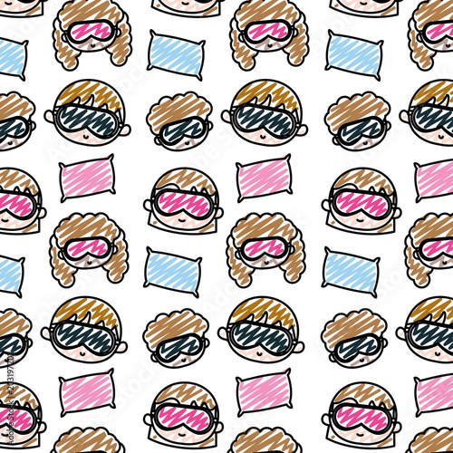 doodle boys and gils head with sleep glasses and pillow background