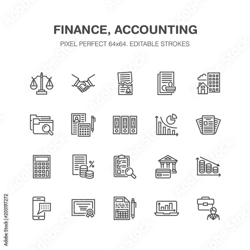 Financial accounting flat line icons. Bookkeeping, tax optimization, firm, accountant outsourcing, payroll, real estate crediting. Accountancy finance thin signs for legal services Pixel perfect 64x64