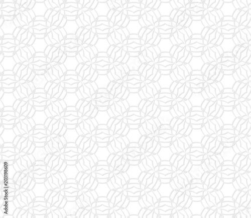 Geometric floral seamless lace pattern. White paper effect. Arabic style background. Oriental ornament. Vector design template for invitations, social media, textile, wallpapers, etc