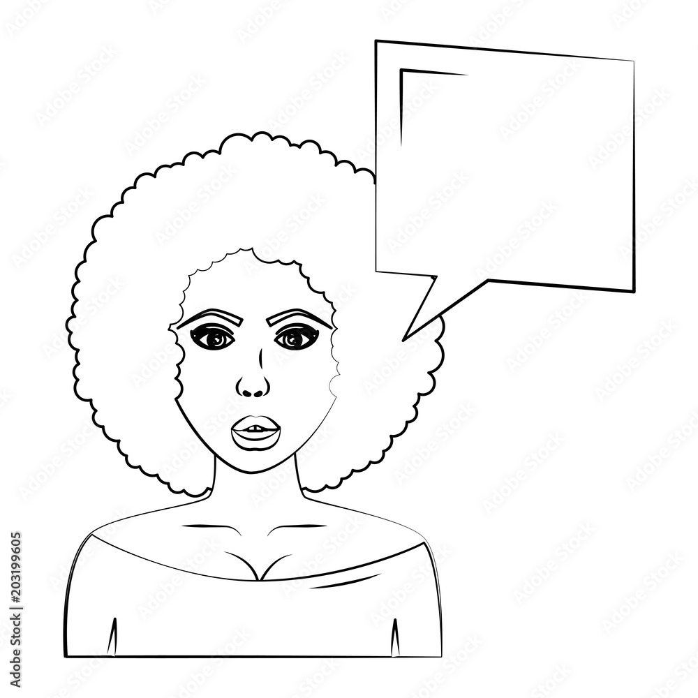 woman character with afro hair and speech bubble pop art style vector illustration design