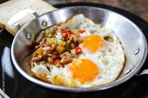 Indochina pan-fried egg with toppings in my homemade Thai style,egg pan.
