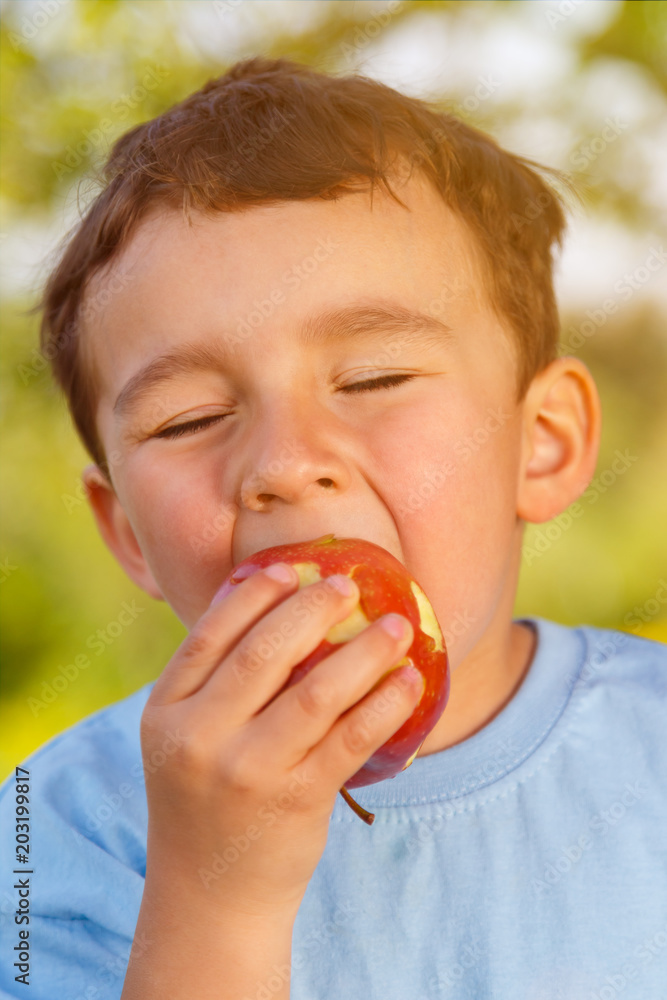 Kind kleiner Junge isst Apfel Frucht essen draußen Hochformat Frühling Kind kleiner Junge isst Apfel Frucht essen draußen Hochformat Frühling