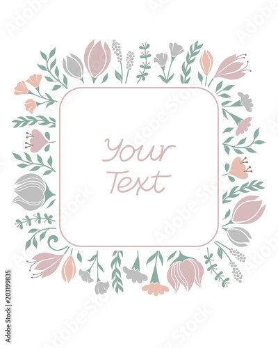 Floral frame background in pastel colors. Greeting card, wedding invitation template with variety of flowers and grasses