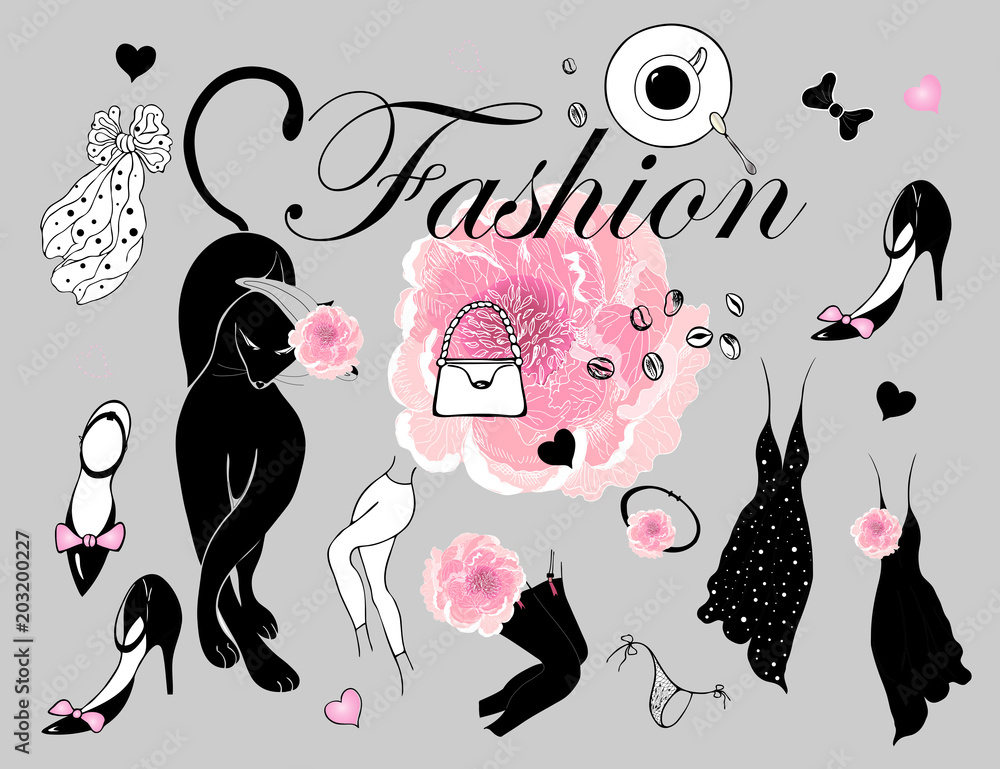 Fashion design objects in black and white and with pink peony. A set of  clothing items on a gray background. Stock Vector | Adobe Stock