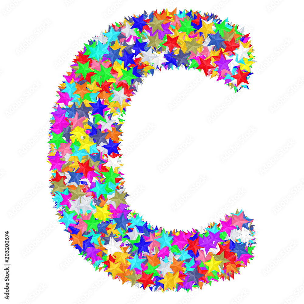 Alphabet symbol letter C composed of colorful stars isolated on white Alphabet symbol letter C composed of colorful stars isolated on white