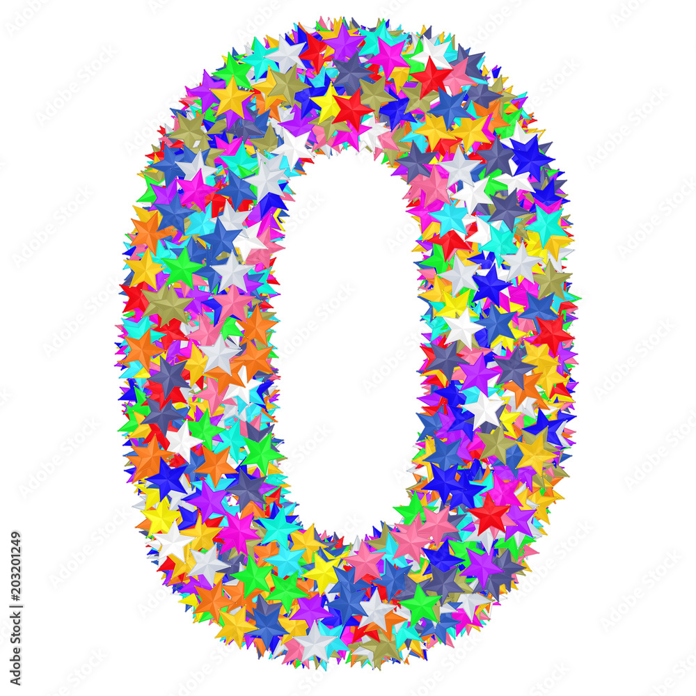 Alphabet symbol number 0 composed of colorful stars