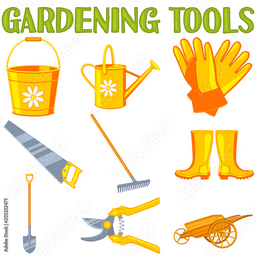 Bright colorful cartoon garden icon set 9 elements
