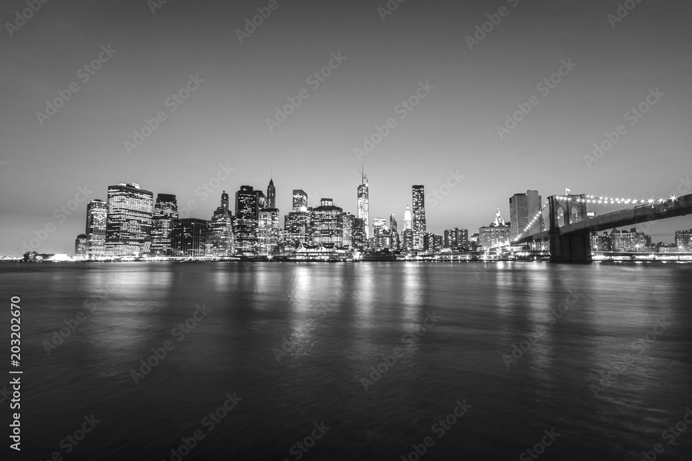 New york city at night. Black and white manhattan skyline. USA.