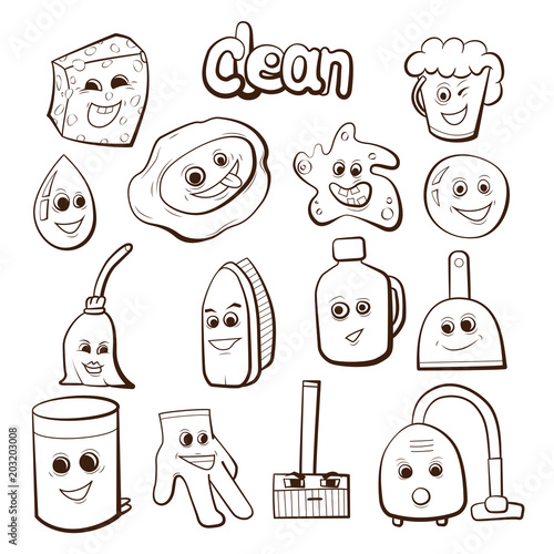 Cartoon items for cleaning. Maid job set vector illustration.