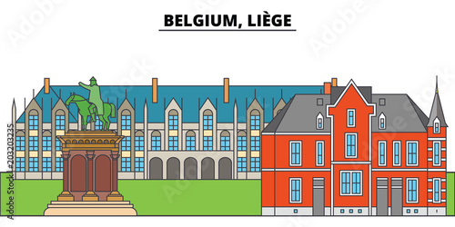 Belgium, Liege. City skyline, architecture, buildings, streets, silhouette, landscape, panorama, landmarks, icons. Editable strokes. Flat design line vector illustration concept