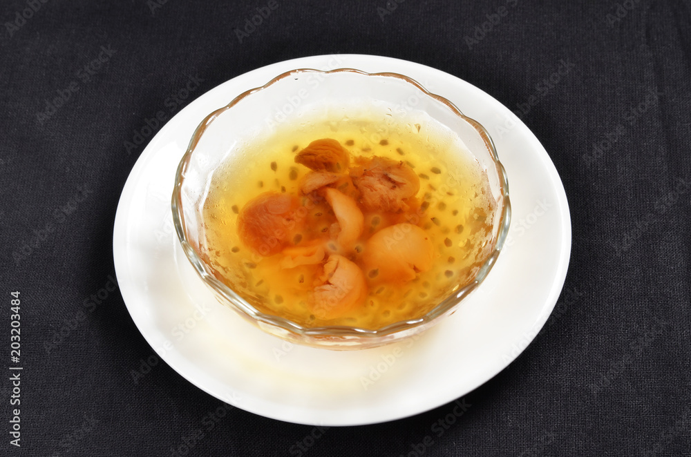 Wild starch pearl with longan in the glass bowl Wild starch pearl with longan in the glass bowl