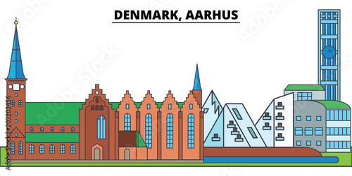 Denmark, Aarhus. City skyline, architecture, buildings, streets, silhouette, landscape, panorama, landmarks, icons. Editable strokes. Flat design line vector illustration concept