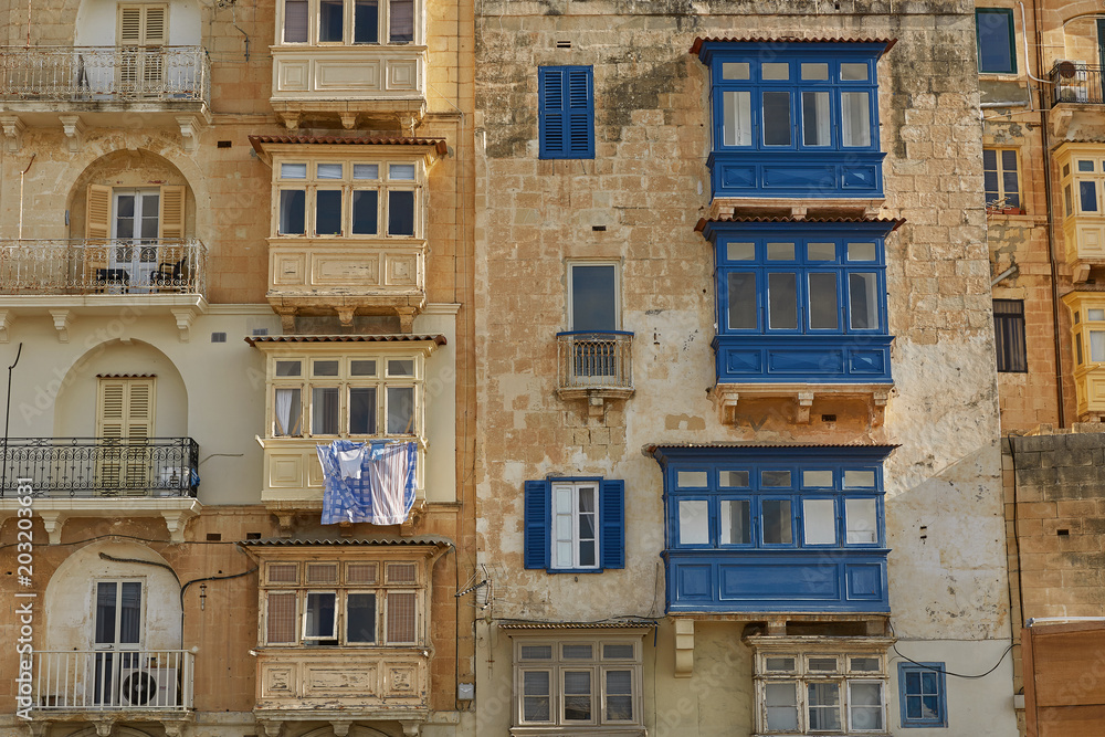 Typical and traditional colorful architecture and houses in Valletta in Malta
