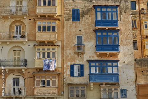 Typical and traditional colorful architecture and houses in Valletta in Malta