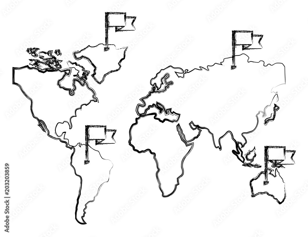 Fototapeta premium navigation gps world map with pointers flags vector illustration sketch