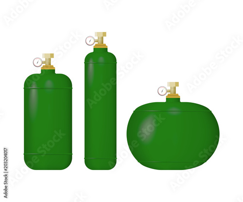 Set of green cylinder with liquefied gas. Hydrogen,phosgene, chlorine vector illustration.