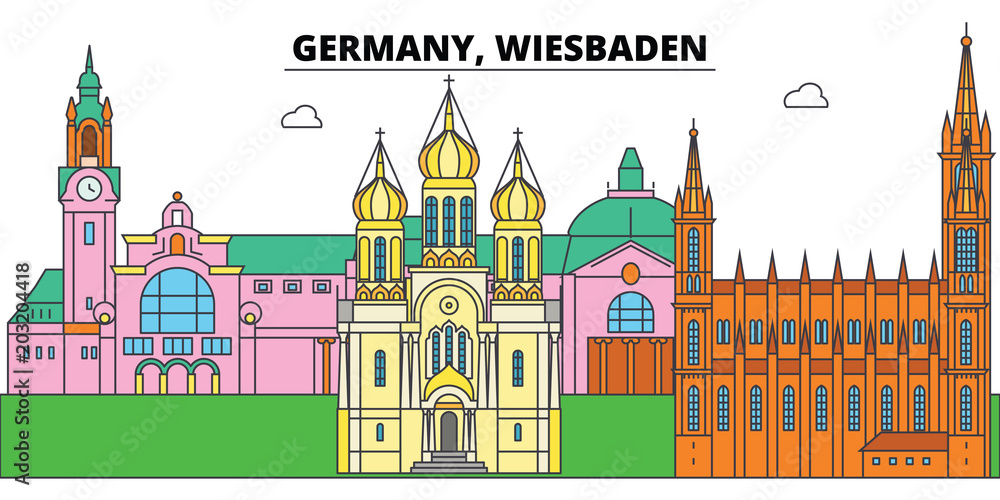 Obraz Germany, Wiesbaden. City skyline, architecture, buildings, streets, silhouette, landscape, panorama, landmarks, icons. Editable strokes. Flat design line vector illustration concept