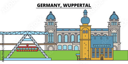 Germany, Wuppertal. City skyline, architecture, buildings, streets, silhouette, landscape, panorama, landmarks, icons. Editable strokes. Flat design line vector illustration concept