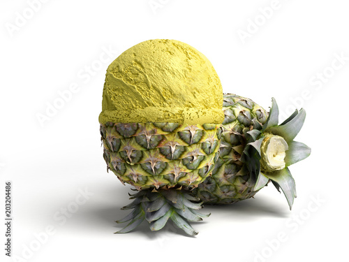 modern concept of fruit ice cream A pineapple ice cream ball lies on a roasted pineapple 3d render on white background photo