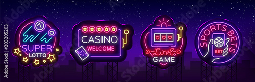 Casino collection of neon signs. Design template in neon style. Slot Machines, Poker Online Bright Logo Character, Winning Jackpot, Web Banner, Nightly Casino Advertising. Vector. Billboard