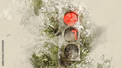 Traffic light. Red signal. Watercolor background