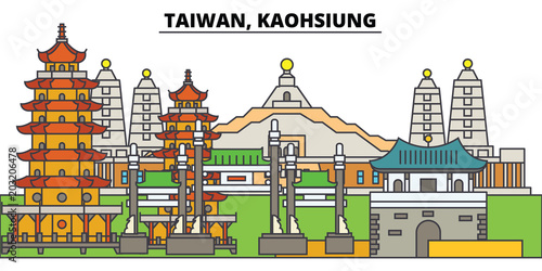 Taiwan, Kaohsiung. City skyline, architecture, buildings, streets, silhouette, landscape, panorama, landmarks, icons. Editable strokes. Flat design line vector illustration concept