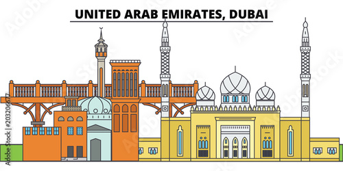 United Arab Emirates, Dubai. City skyline, architecture, buildings, streets, silhouette, landscape, panorama, landmarks, icons. Editable strokes. Flat design line vector illustration concept