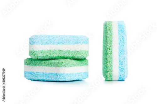 Dishwasher tablets on a white background