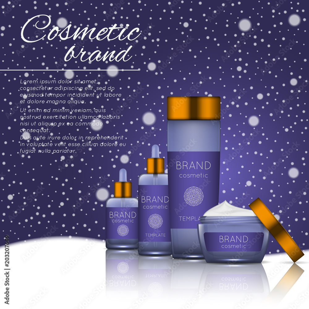 3D realistic cosmetic bottle ads template. Cosmetic brand advertising concept design on winter background with snowflakes 3D realistic cosmetic bottle ads template. Cosmetic brand advertising concept design on winter background with snowflakes