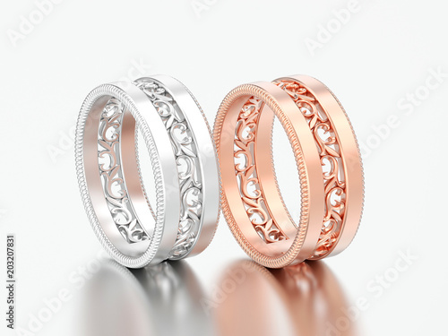 3D illustration two rose gold and silver decorative carved out ornament diamond rings