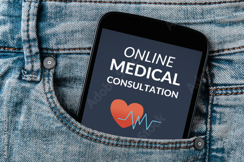 Online medical consultation concept on smartphone screen in jeans pocket. All screen content is designed by me. Flat lay