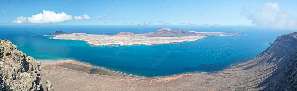 Panorama of La Graciosa island, aerial view from Mirador del Rio in Lanzarote, Canary islands, Spain