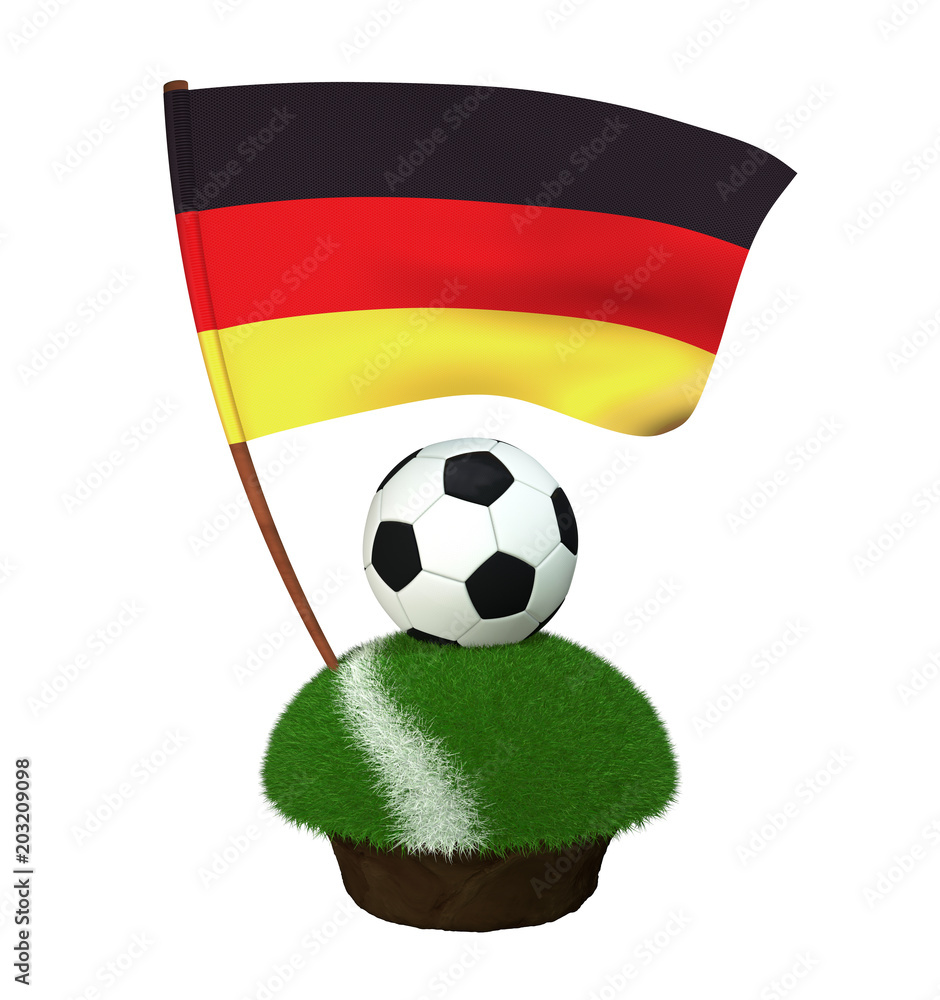 A black and white round ball for playing football and the national flag of Germany are located on a stretch of a football field with green grass and a white stripe. 3D Illustration A black and white round ball for playing football and the national flag of Germany are located on a stretch of a football field with green grass and a white stripe. 3D Illustration
