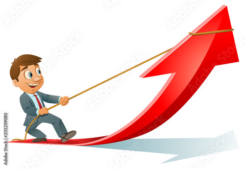 Funny businessman trying to pull up a growth arrow.