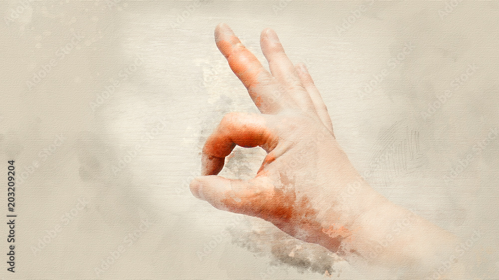 Hand gesture showing ok close up. Watercolor background Hand gesture showing ok close up. Watercolor background