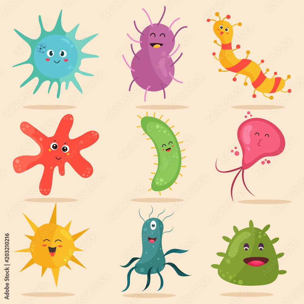 Fototapeta premium Big bright set with cute happy bacterias