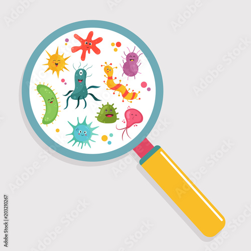 Cartoon cute bacteria under a magnifying glass.