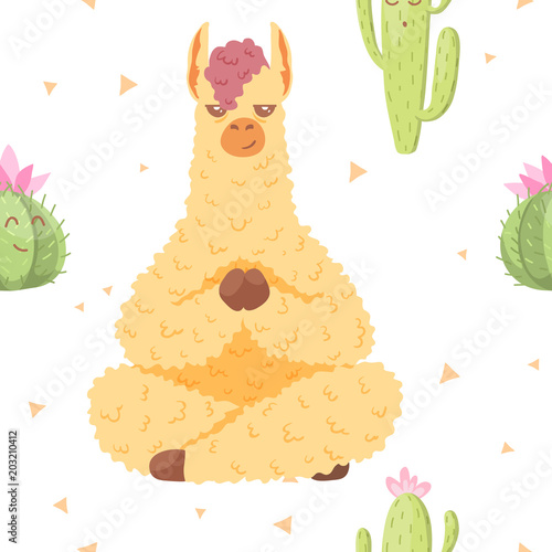Seamless pattern with alpaca - south america's lama in lotus pose and cactus with flower. Vector illustration.
