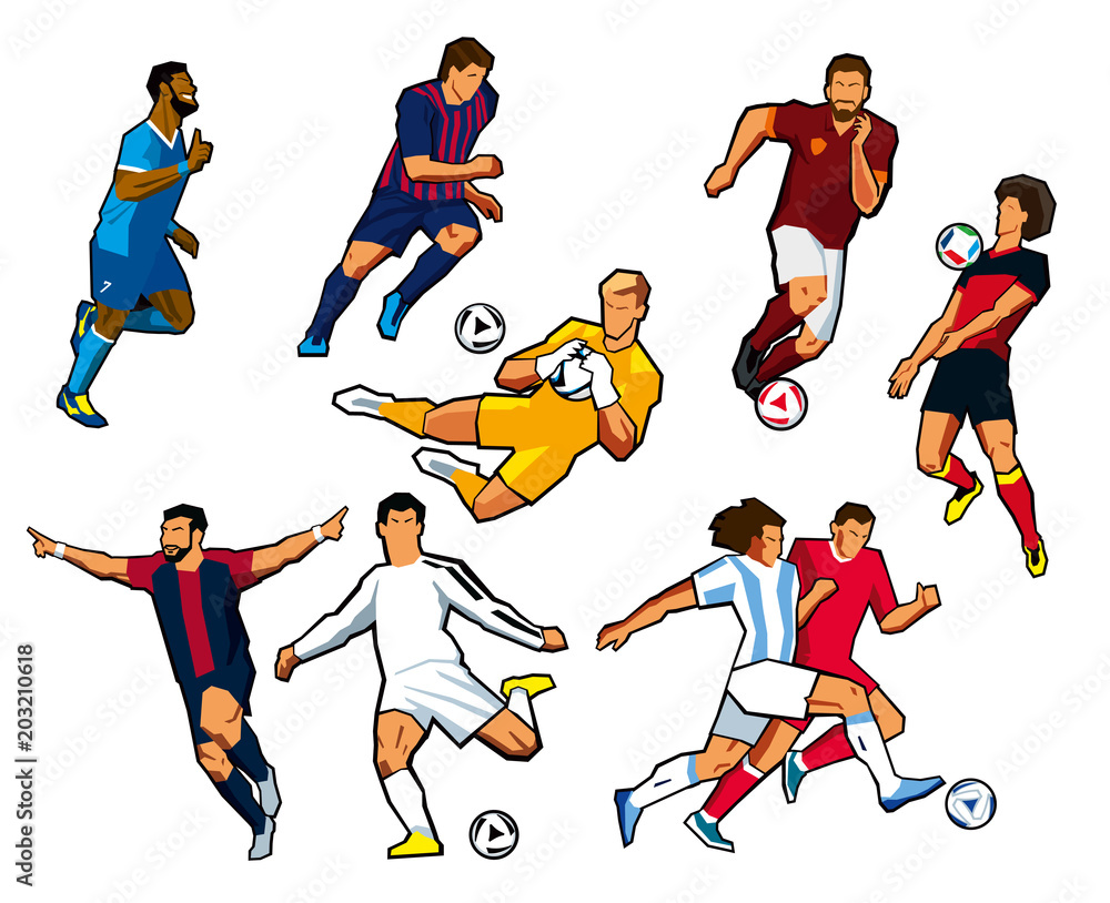 Various figures of football players of different football clubs. Vector graphics. Isolated. Stylized illustrations
