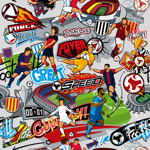 Soccer background. Seamless pattern. Football attributes, football players of...