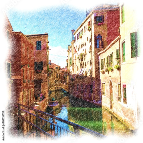 Fototapeta Naklejka Na Ścianę i Meble -  View of beautiful canal in Venice. Colored pencil drawing artwork with white artistic frame. Sketch isolated fine art. Creative print for canvas or textile. Wallpaper, poster or postcard design.